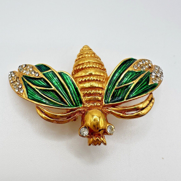 French Designer CARVEN Gold Tone Green Enamel Bee Brooch Pin Modele Depose #1282 - Picture 2 of 12